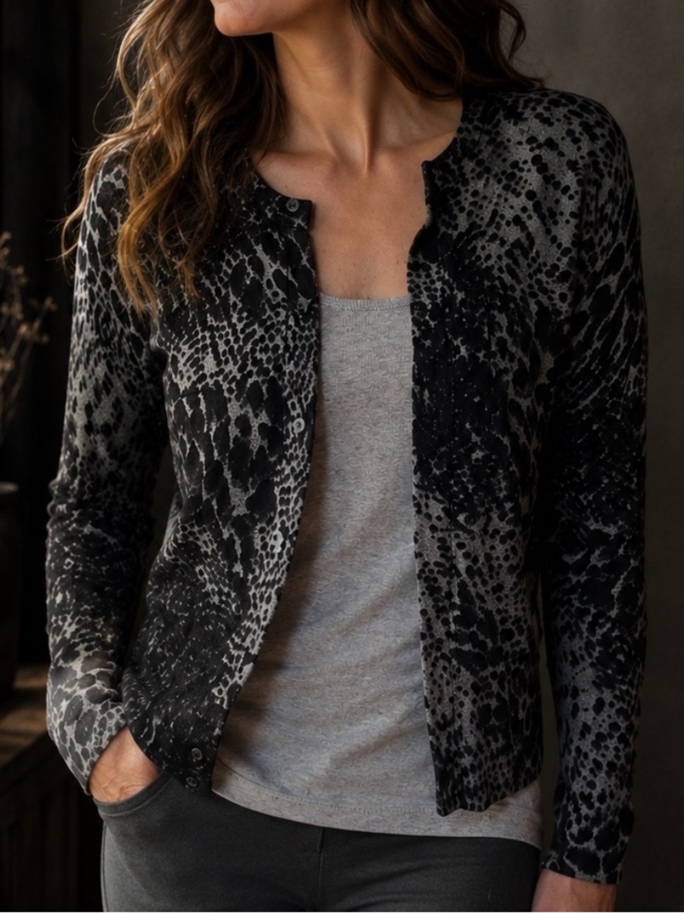 Croft & Barrow Black Gray Leopard Cotton Button Down Fitted Cardigan Sweater